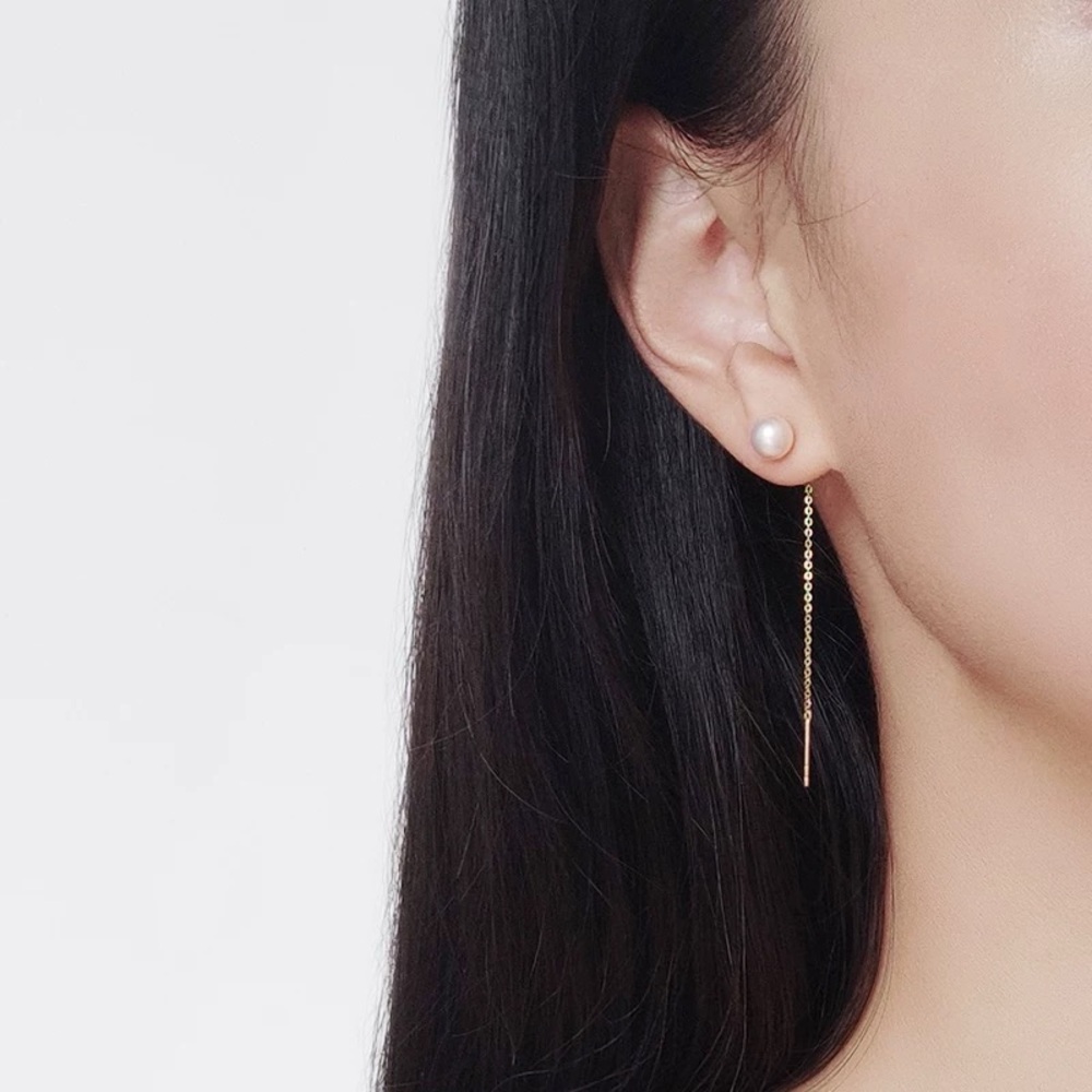Luxurious 18K Rose Gold Threader Earrings with high quality Natural Pearls 9mm